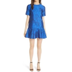 Blue brocade ruffle hem mini dress Sz.12
